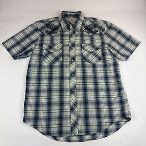 American Rag Gaucho Western Pearl Snap Shirt Mens Large Blue Tartan Love Fighter